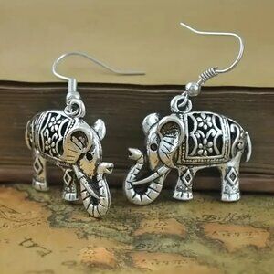 #43 Elephant Drop & Dangle Earrings - Silver Plated Alloy